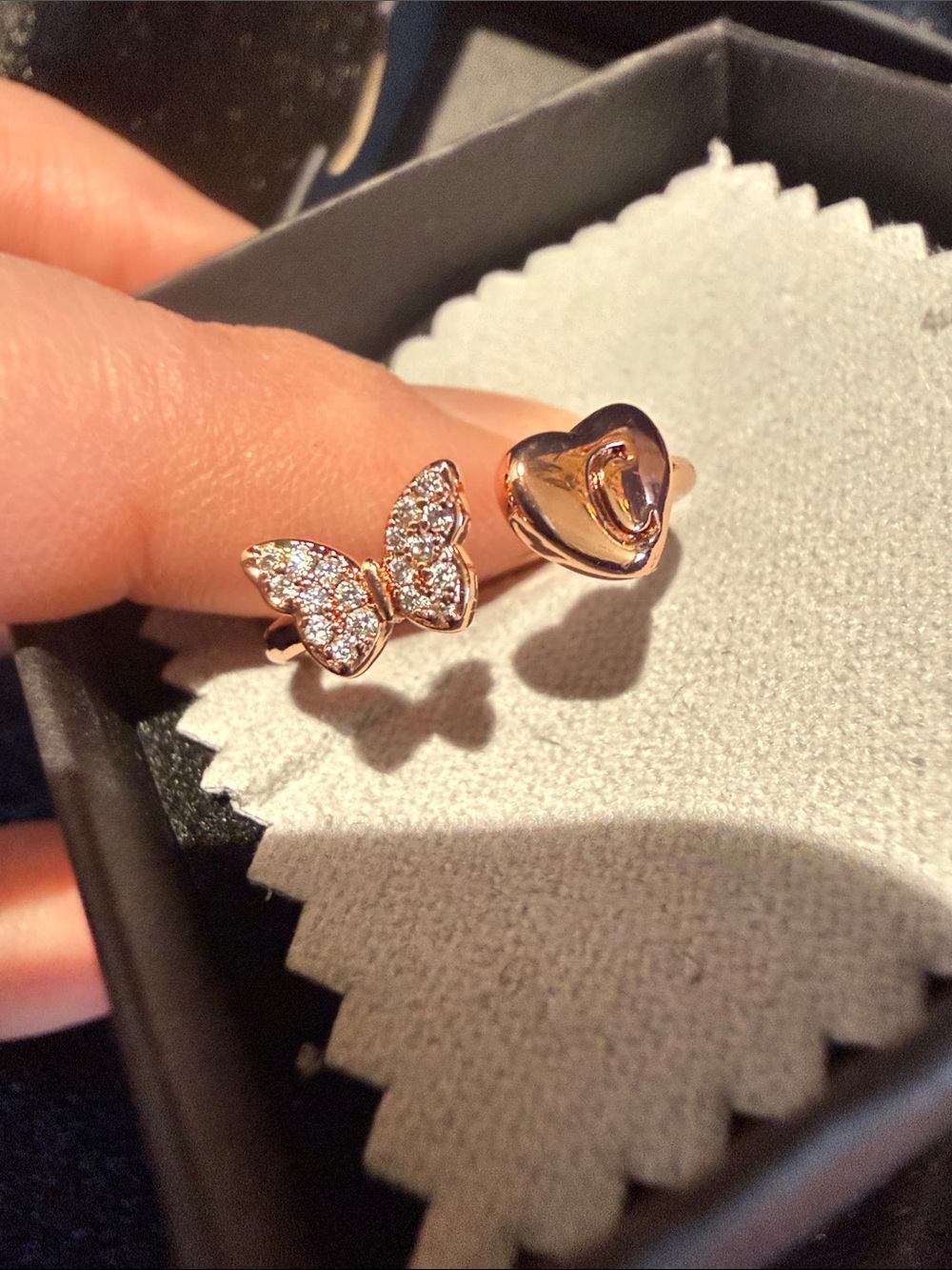 Rose Gold Butterfly and Heart Initial C Adjustable Ring